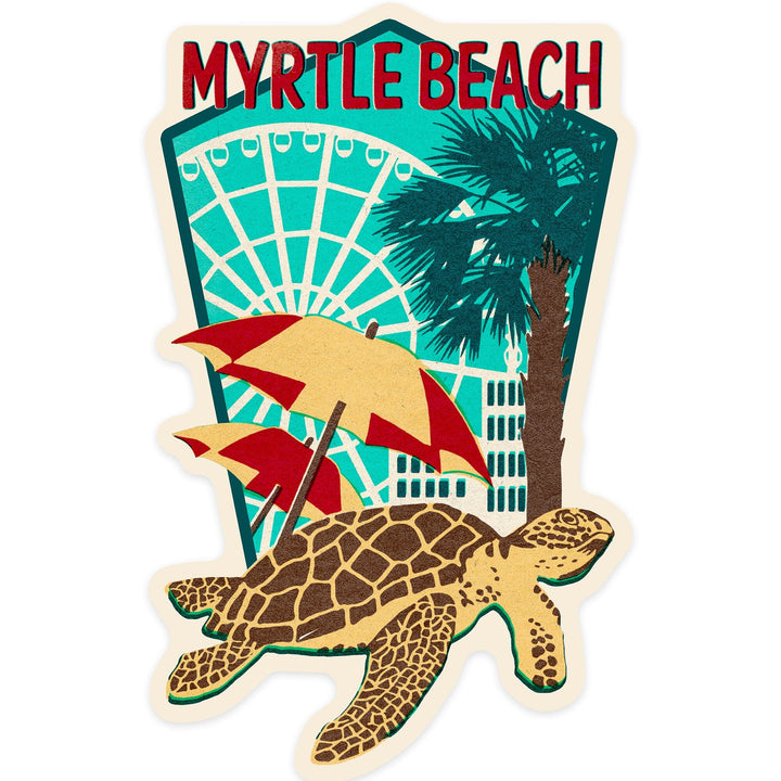 Myrtle Beach, South Carolina, Woodblock Turtle, Contour, Vinyl Sticker Sticker Lantern Press 