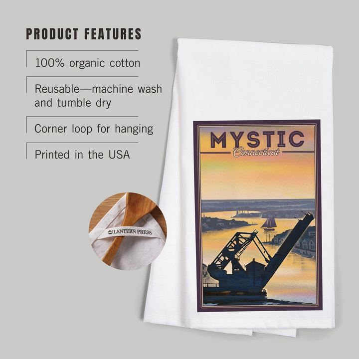 Mystic, Connecticut, River, Lithograph, Organic Cotton Kitchen Tea Towels Kitchen Lantern Press 