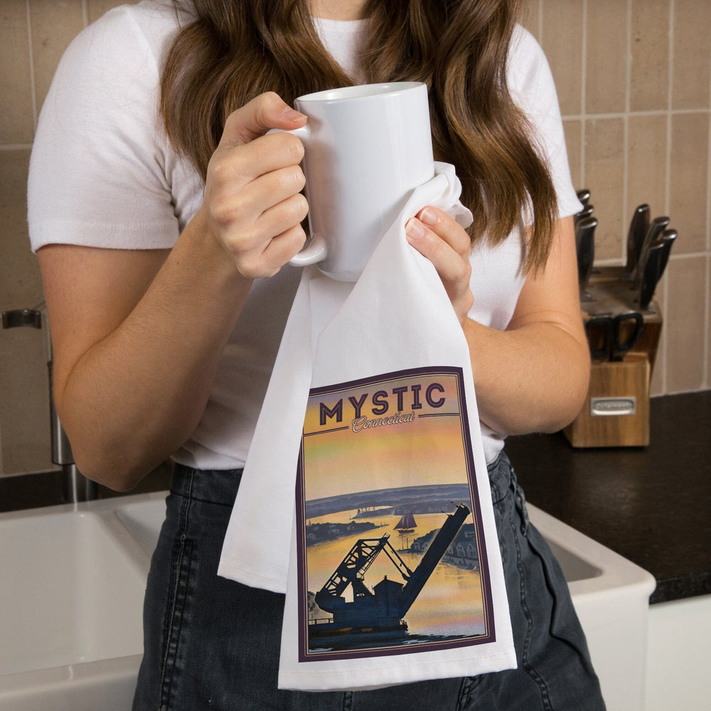 Mystic, Connecticut, River, Lithograph, Organic Cotton Kitchen Tea Towels Kitchen Lantern Press 