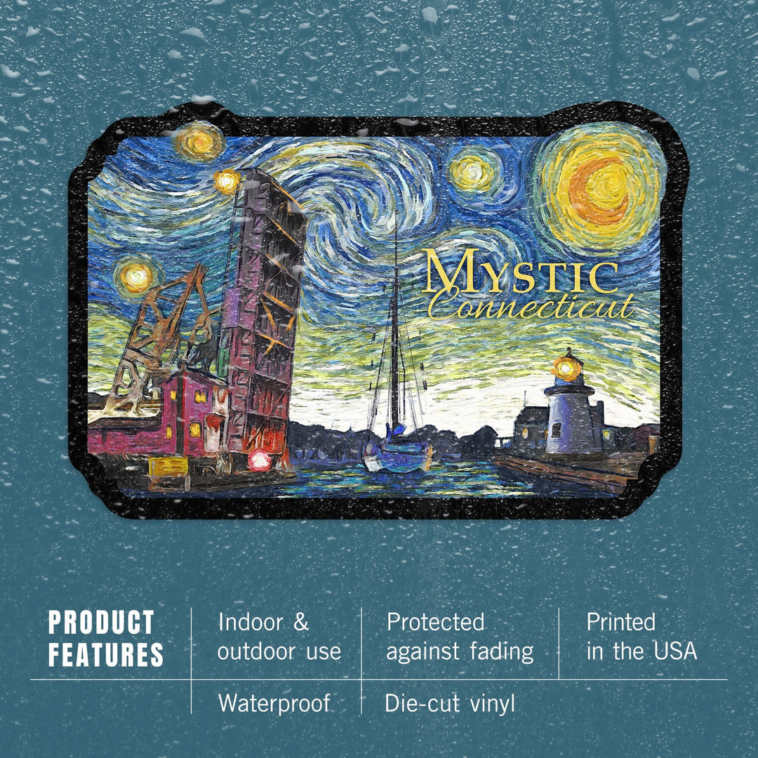 Mystic, Connecticut, Starry Night, Contour, Vinyl Sticker Sticker Lantern Press 