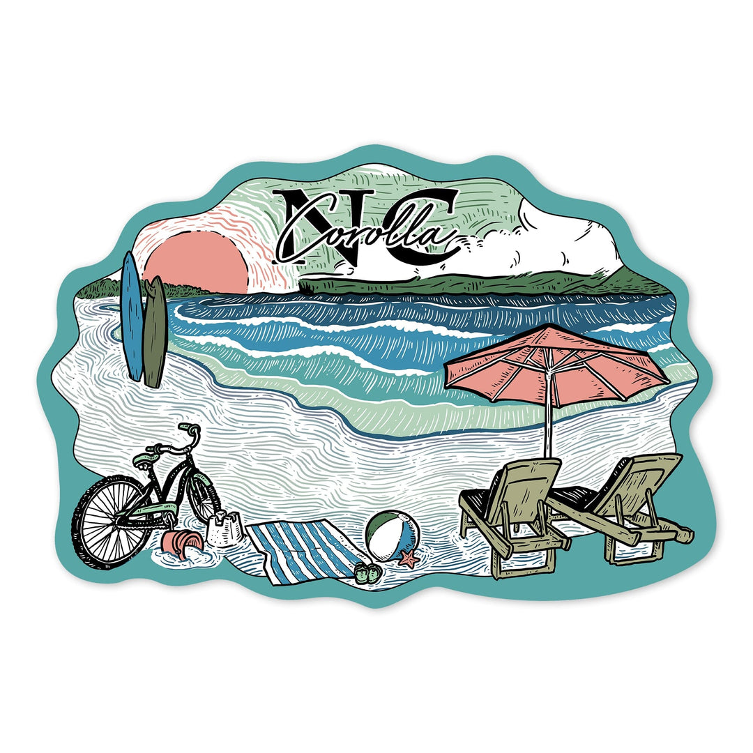 Nags Head, North Carolina, Beach Scene, Sketch, Contour, Vinyl Sticker Sticker Lantern Press 