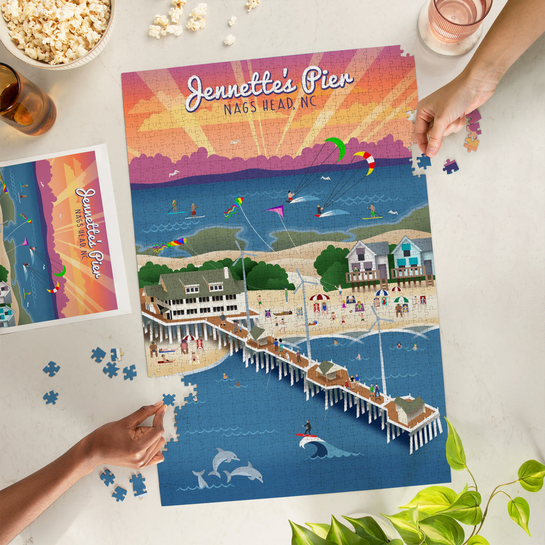Nags Head, North Carolina, Jennette's Pier, Retro, Jigsaw Puzzle Puzzle Lantern Press 