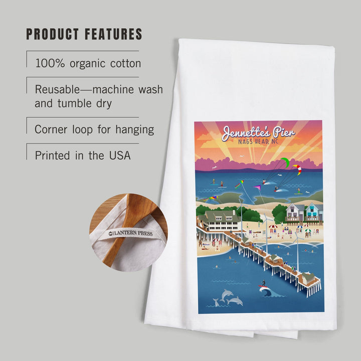 Nags Head, North Carolina, Jennette's Pier, Retro, Organic Cotton Kitchen Tea Towels Kitchen Lantern Press 