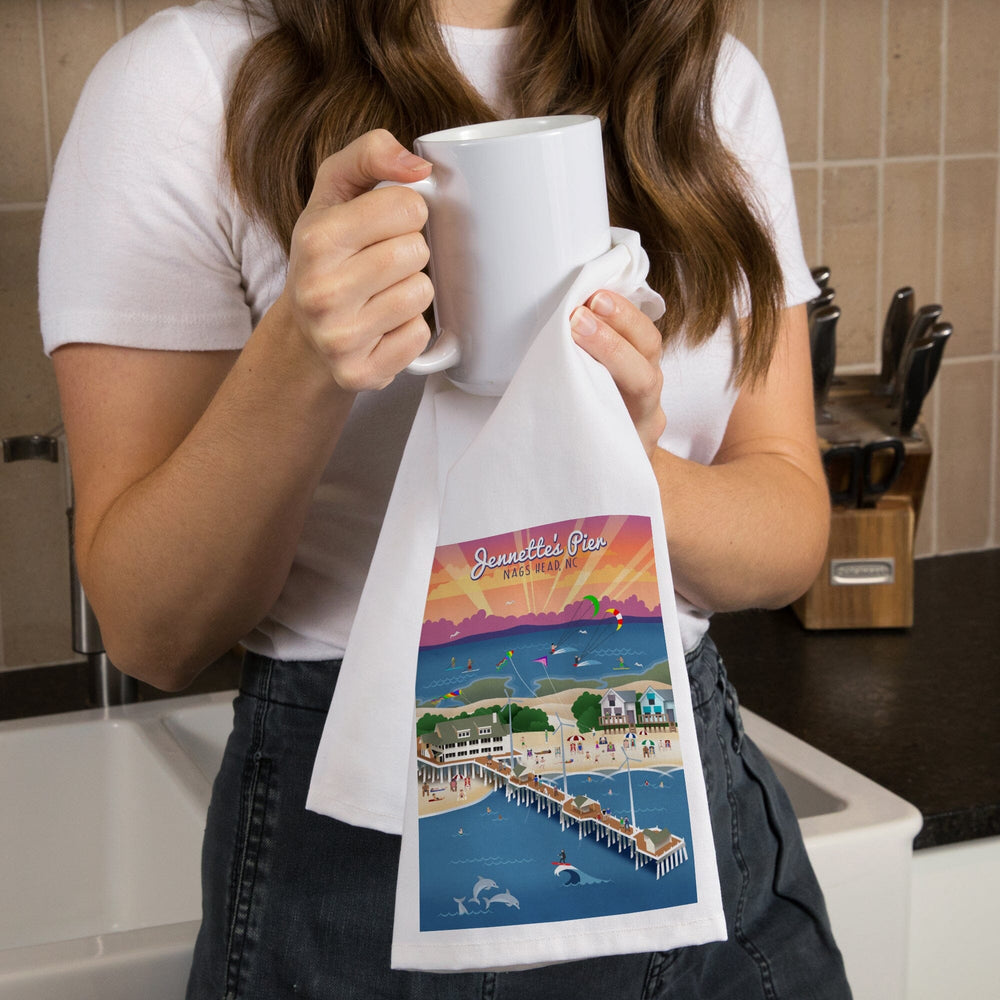 Nags Head, North Carolina, Jennette's Pier, Retro, Organic Cotton Kitchen Tea Towels Kitchen Lantern Press 