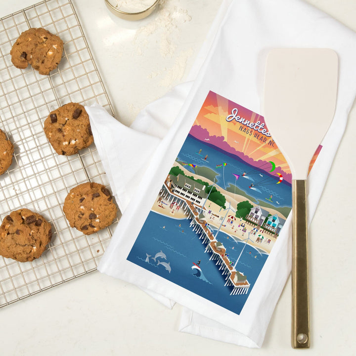 Nags Head, North Carolina, Jennette's Pier, Retro, Organic Cotton Kitchen Tea Towels Kitchen Lantern Press 