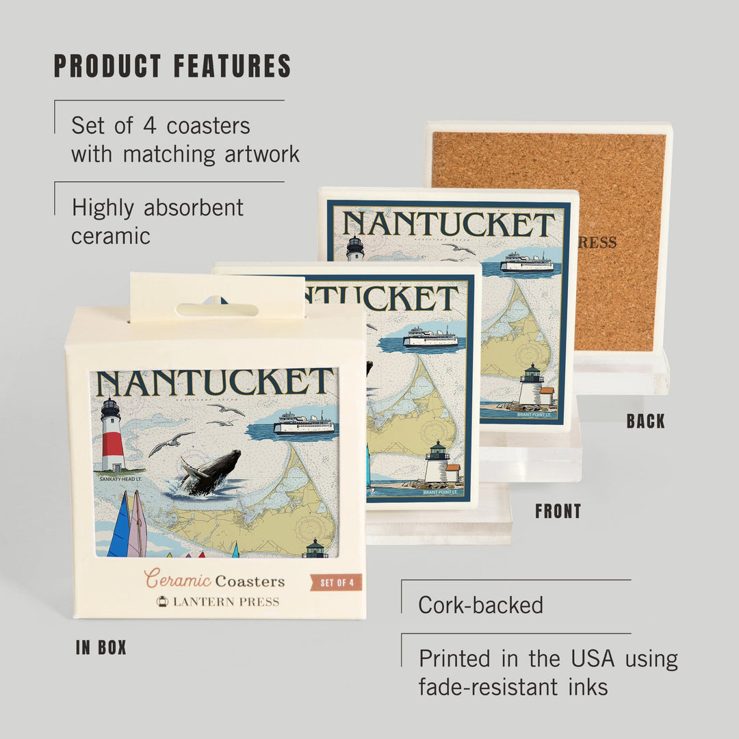 Nantucket, MA Nautical Chart, Lantern Press Poster, Coaster Set Coasters Lantern Press 