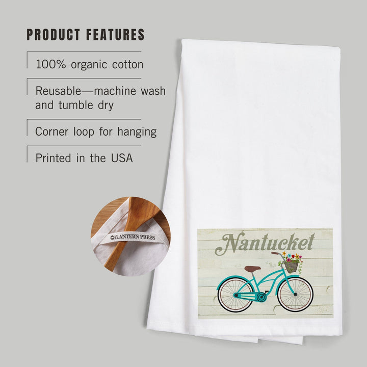 Nantucket, Massachusetts, Beach Cruiser and Basket, Organic Cotton Kitchen Tea Towels Kitchen Lantern Press 