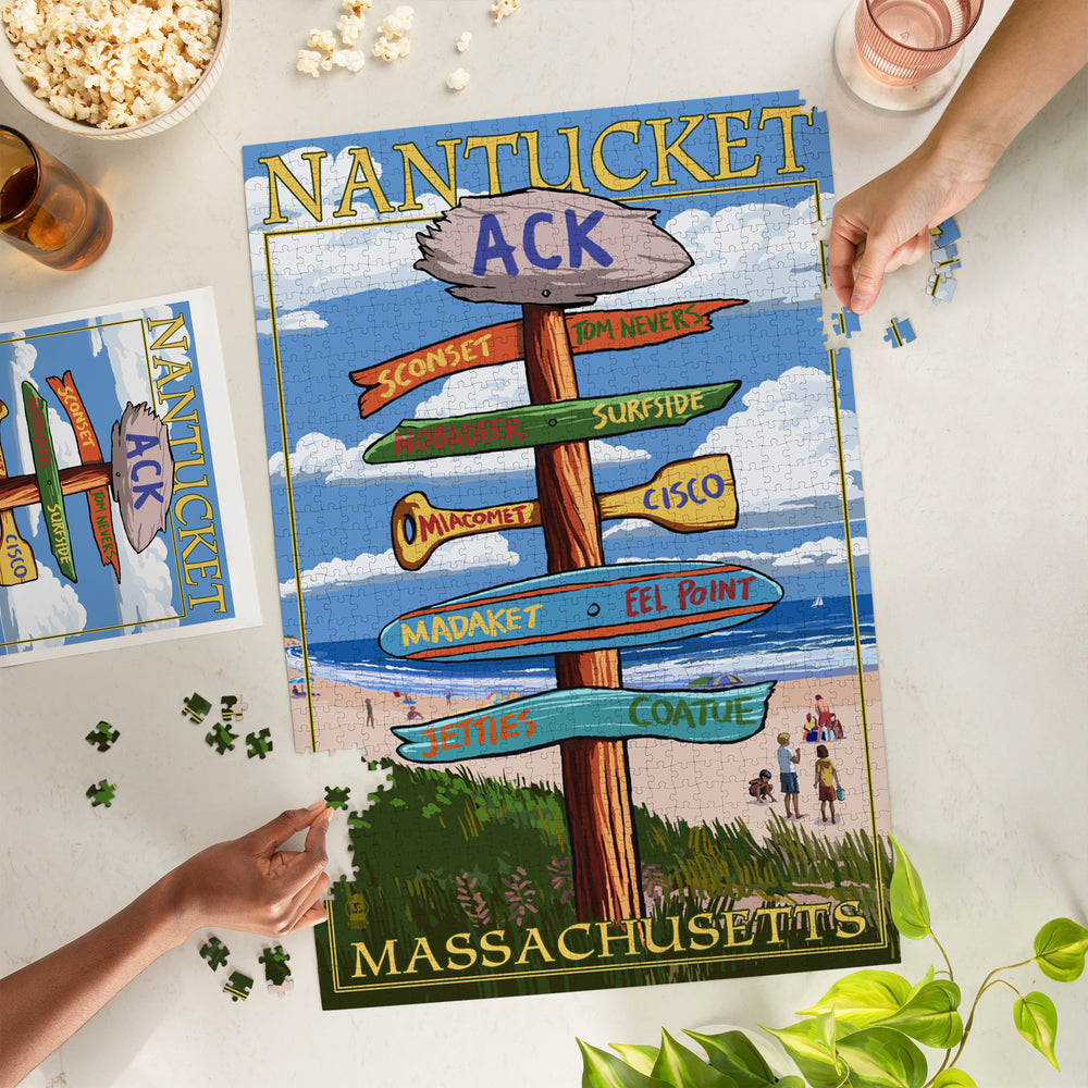 Nantucket, Massachusetts, Destinations Sign, Jigsaw Puzzle Puzzle Lantern Press 