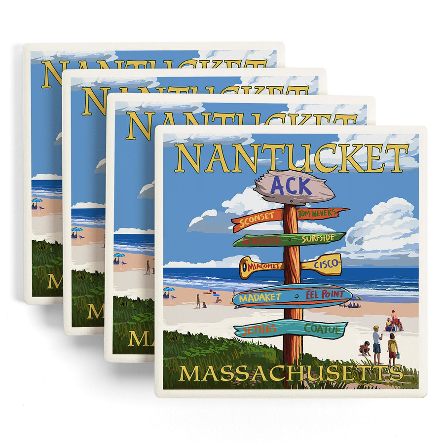 Nantucket, Massachusetts, Destinations Sign, Lantern Press Artwork, Coaster Set Coasters Lantern Press 