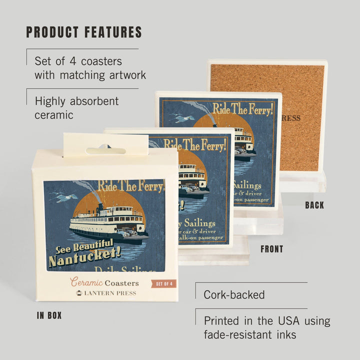 Nantucket, Massachusetts, Ferry Ride Vintage Sign, Coasters Coasters Lantern Press 