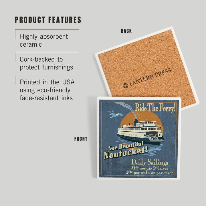Nantucket, Massachusetts, Ferry Ride Vintage Sign, Coasters Coasters Lantern Press 