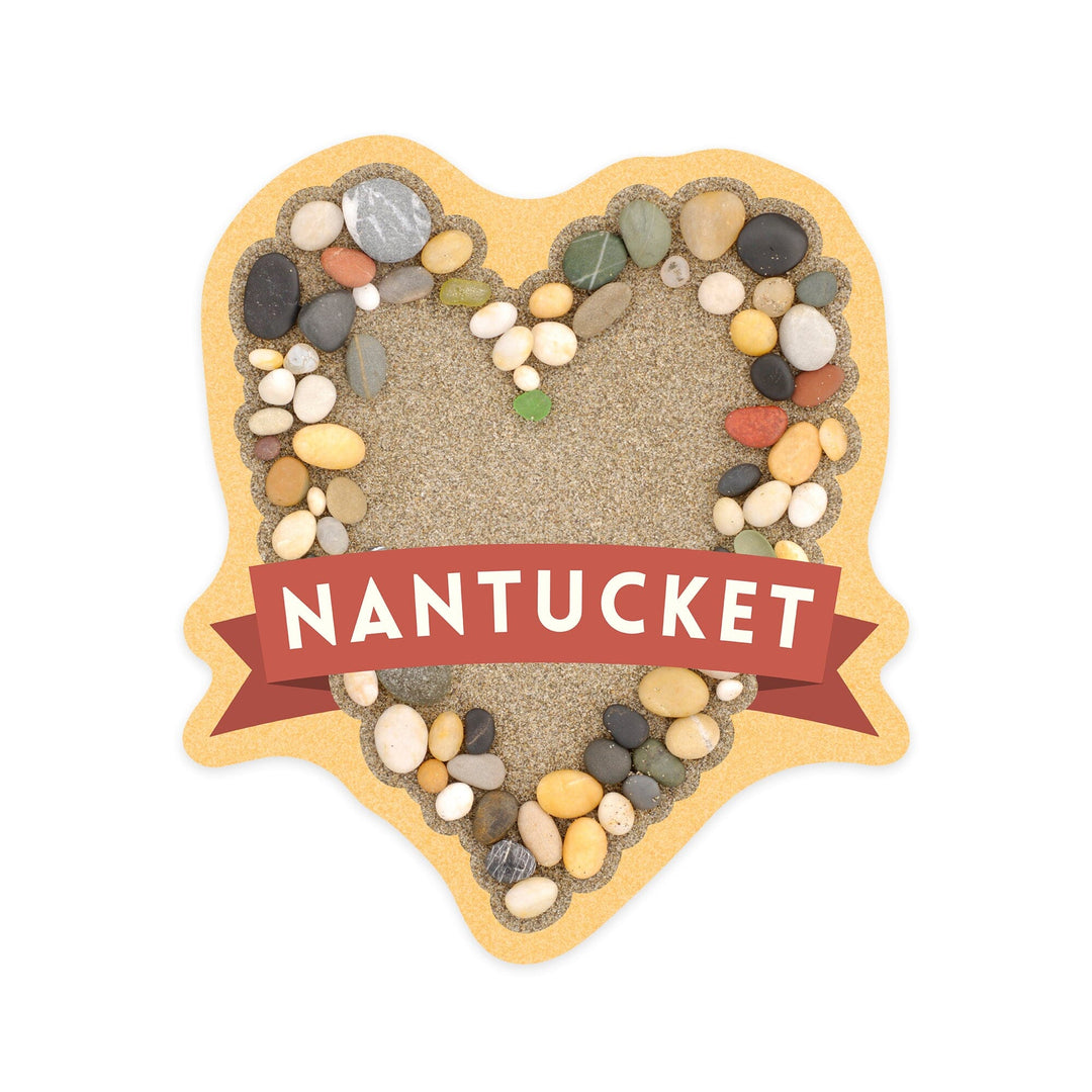 Nantucket, Massachusetts, Stone Heart on Sand, Contour, Vinyl Sticker Sticker Lantern Press 