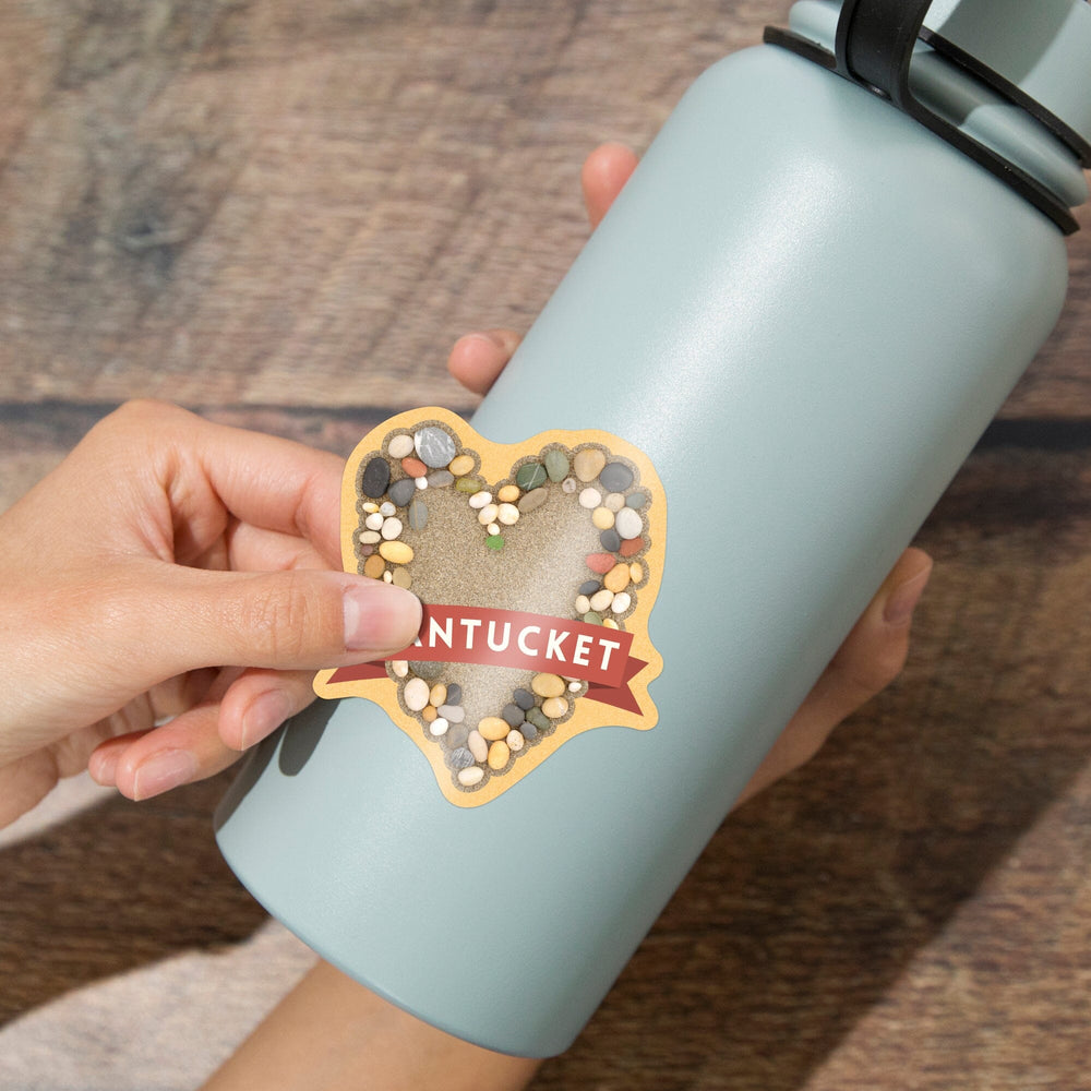 Nantucket, Massachusetts, Stone Heart on Sand, Contour, Vinyl Sticker Sticker Lantern Press 
