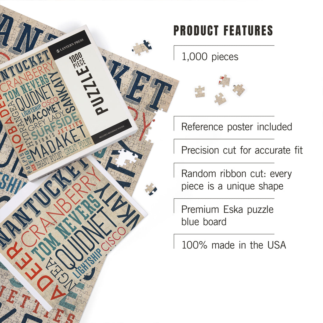 Nantucket, Massachusetts, Typography, Jigsaw Puzzle Puzzle Lantern Press 
