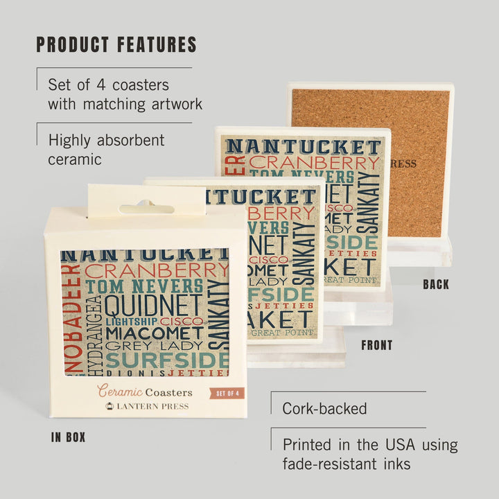 Nantucket, Massachusetts, Typography, Lantern Press Artwork, Coaster Set Coasters Lantern Press 