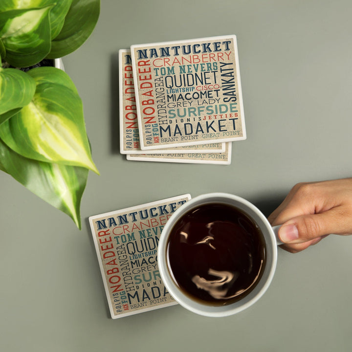 Nantucket, Massachusetts, Typography, Lantern Press Artwork, Coaster Set Coasters Lantern Press 