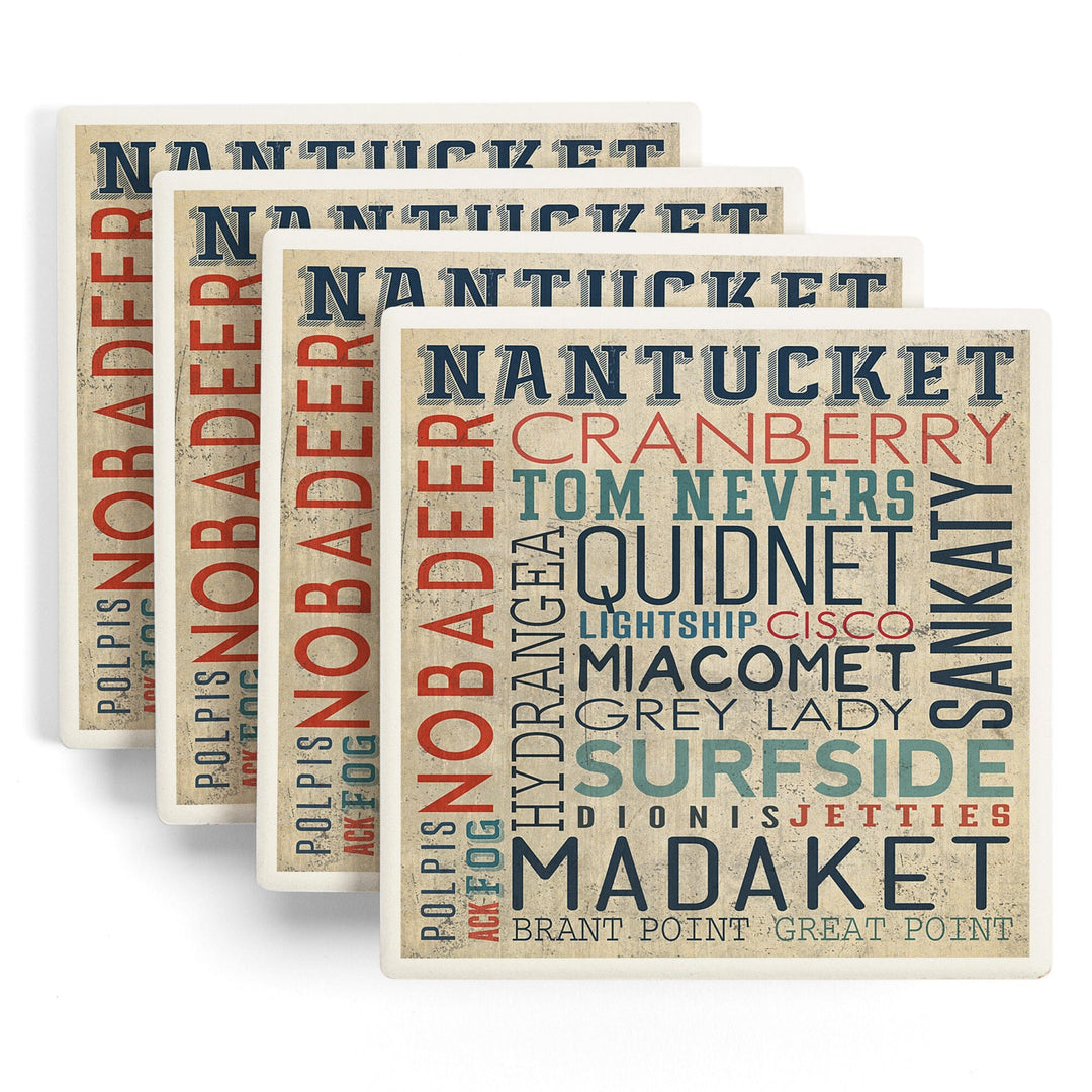 Nantucket, Massachusetts, Typography, Lantern Press Artwork, Coaster Set Coasters Lantern Press 