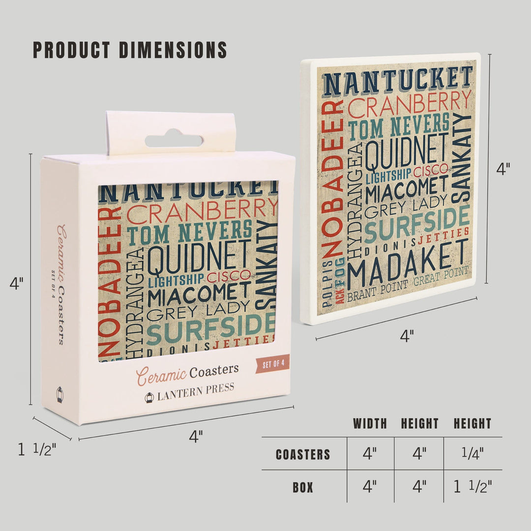 Nantucket, Massachusetts, Typography, Lantern Press Artwork, Coaster Set Coasters Lantern Press 