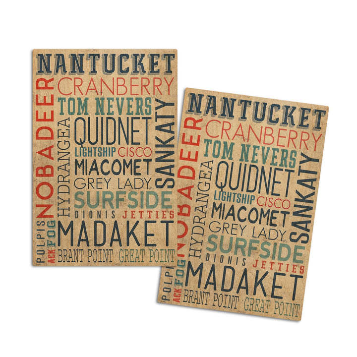 Nantucket, Massachusetts, Typography, Lantern Press Artwork, Wood Signs and Postcards Wood Lantern Press 4x6 Wood Postcard Set 