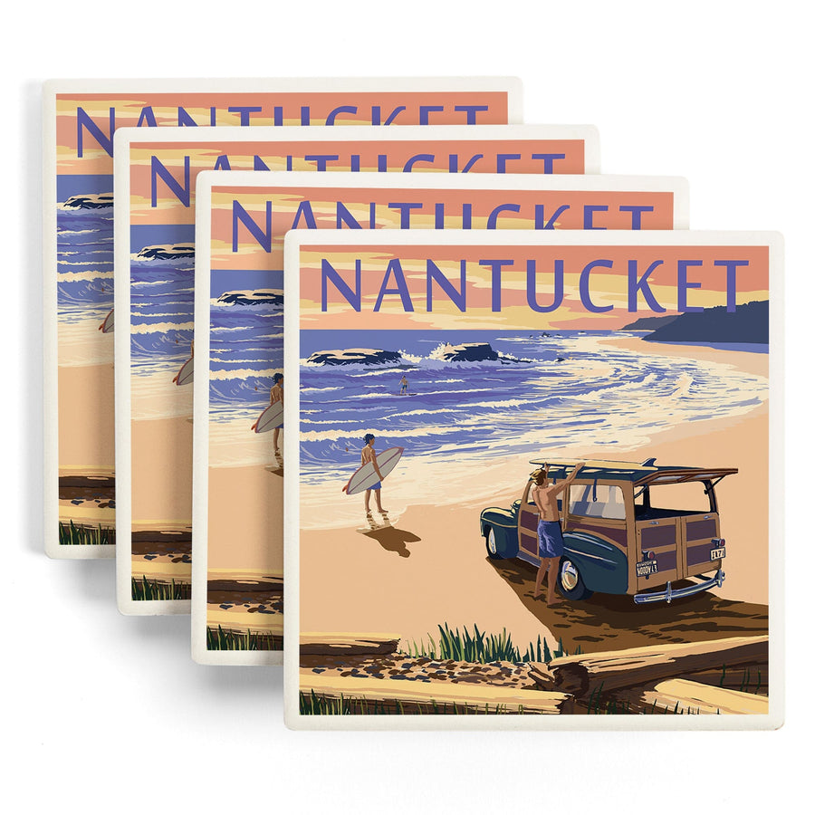 Nantucket, Massachusetts, Woody on Beach, Lantern Press Artwork, Coaster Set Coasters Lantern Press 