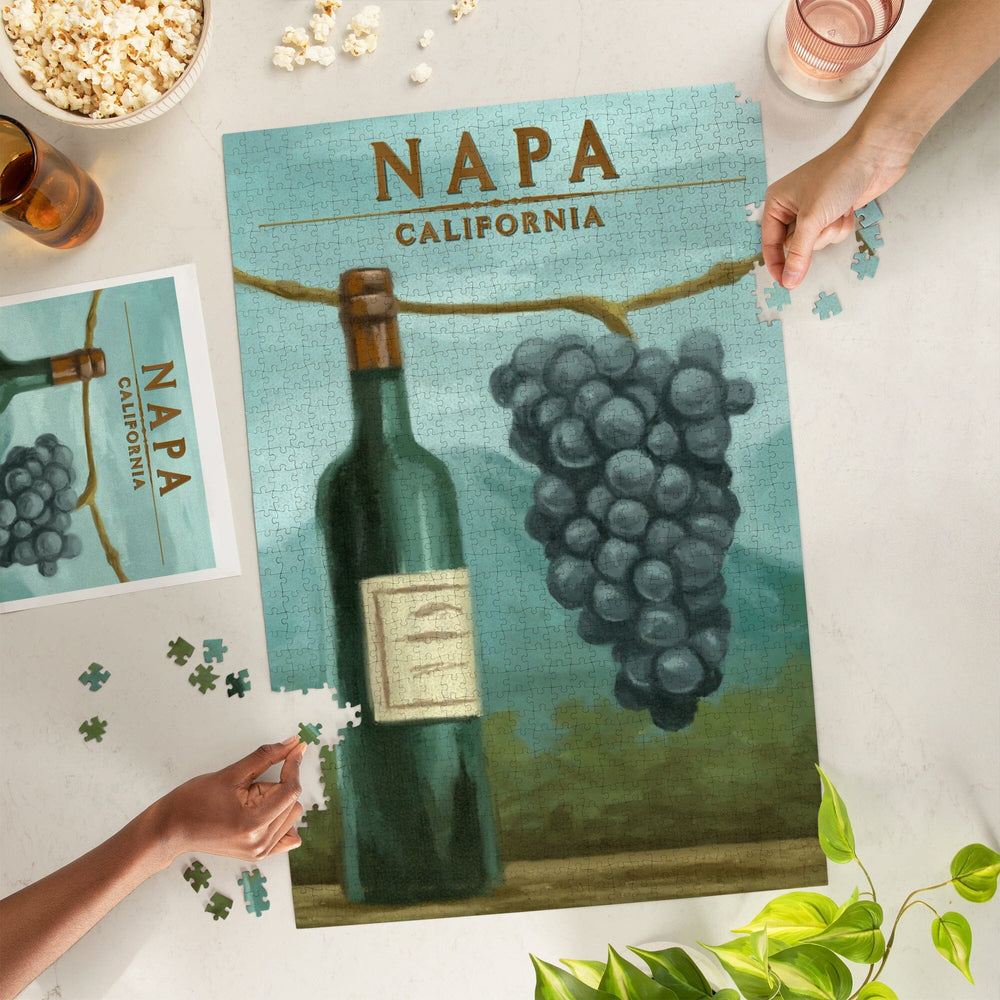 Napa, California, Blue Grapes and Wine Bottle, Oil Painting, Jigsaw Puzzle Puzzle Lantern Press 