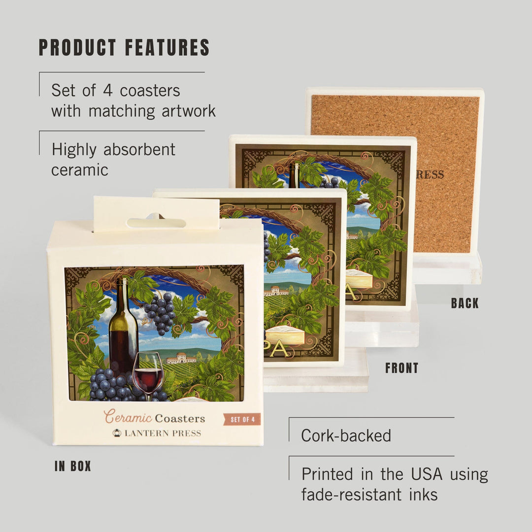 Napa, California, Pinot Noir Vineyard Scene, Coasters Coasters Lantern Press 