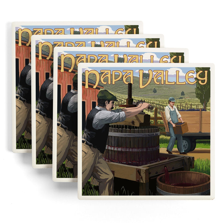 Napa Valley, California, Wine Grape Crushing, Lantern Press Artwork, Coaster Set Coasters Lantern Press 