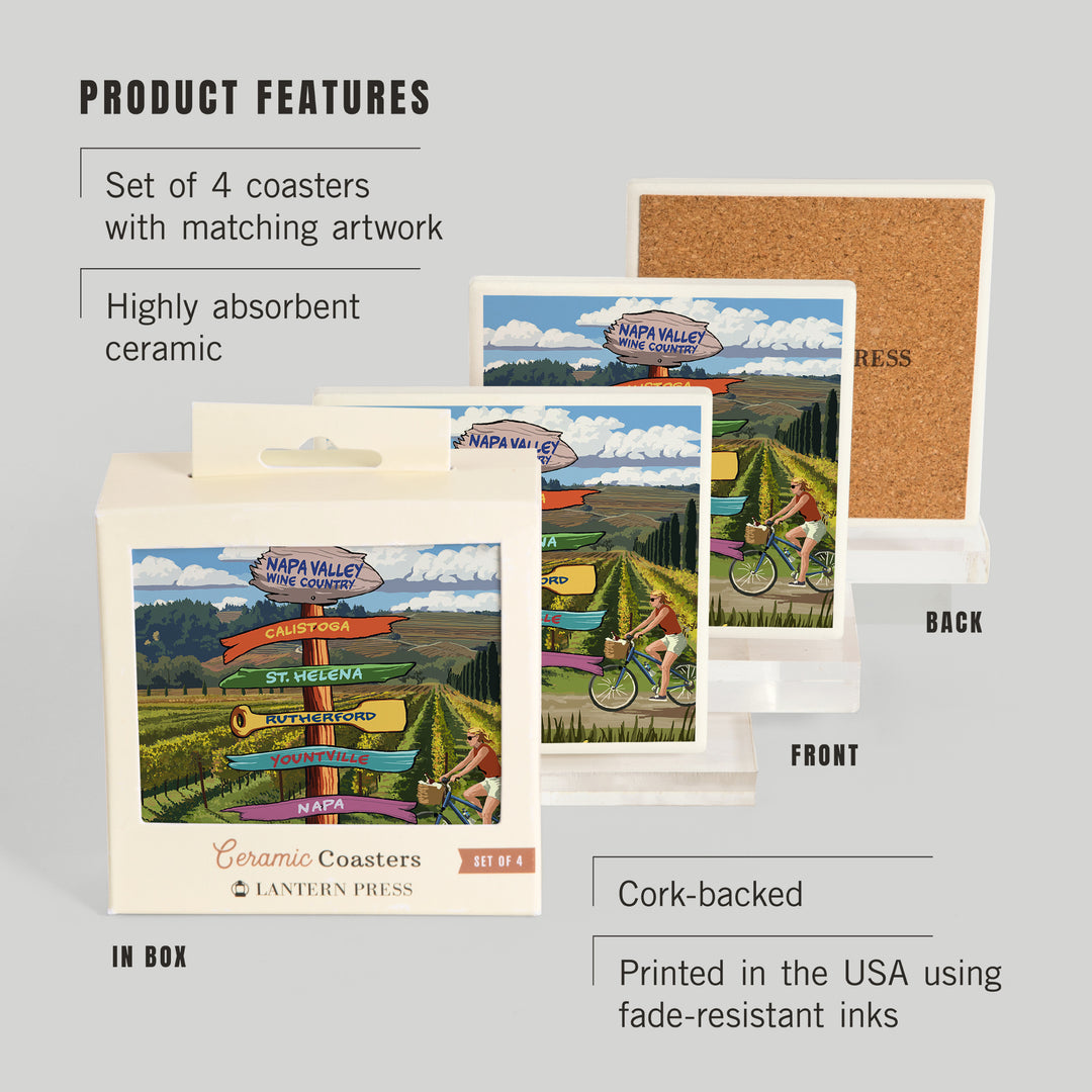 Napa Valley Wine Country, California, Destination Sign, Coasters Coasters Lantern Press 
