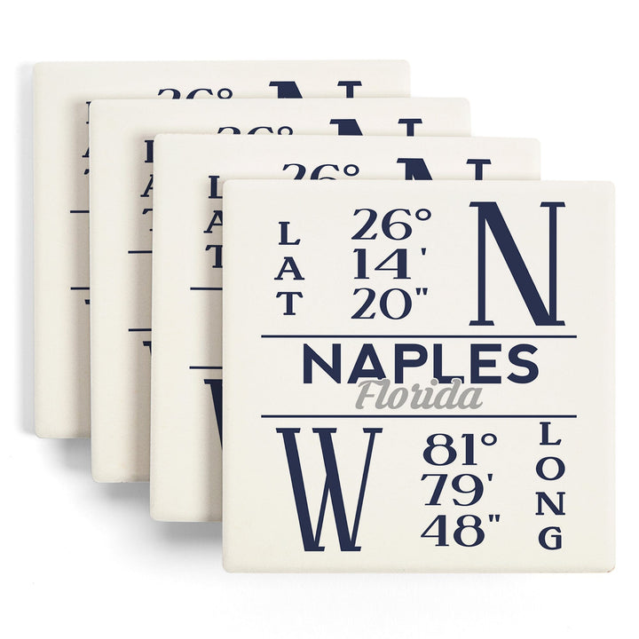 Naples, Florida, Latitude & Longitude (Blue), Lantern Press Artwork, Coaster Set Coasters Lantern Press 