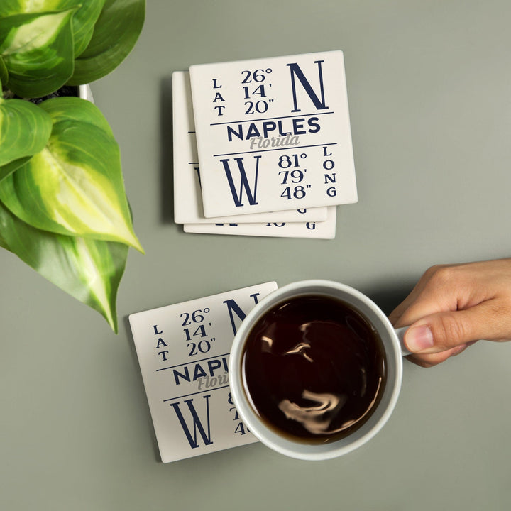 Naples, Florida, Latitude & Longitude (Blue), Lantern Press Artwork, Coaster Set Coasters Lantern Press 