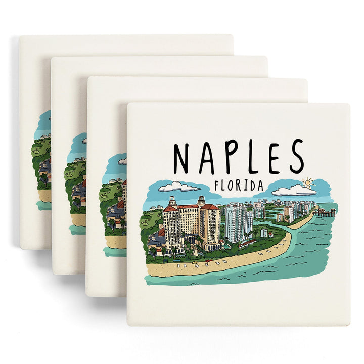 Naples, Florida, Line Drawing, Lantern Press Artwork, Coaster Set Coasters Lantern Press 