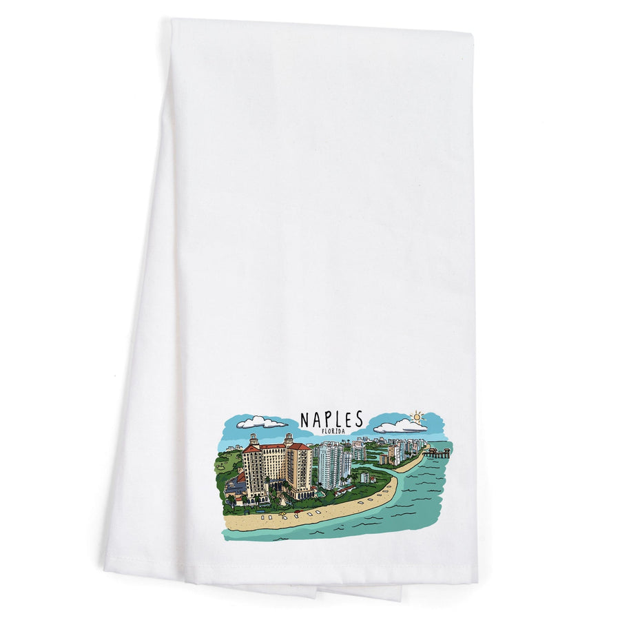 Naples, Florida, Line Drawing, Organic Cotton Kitchen Tea Towels Kitchen Lantern Press 