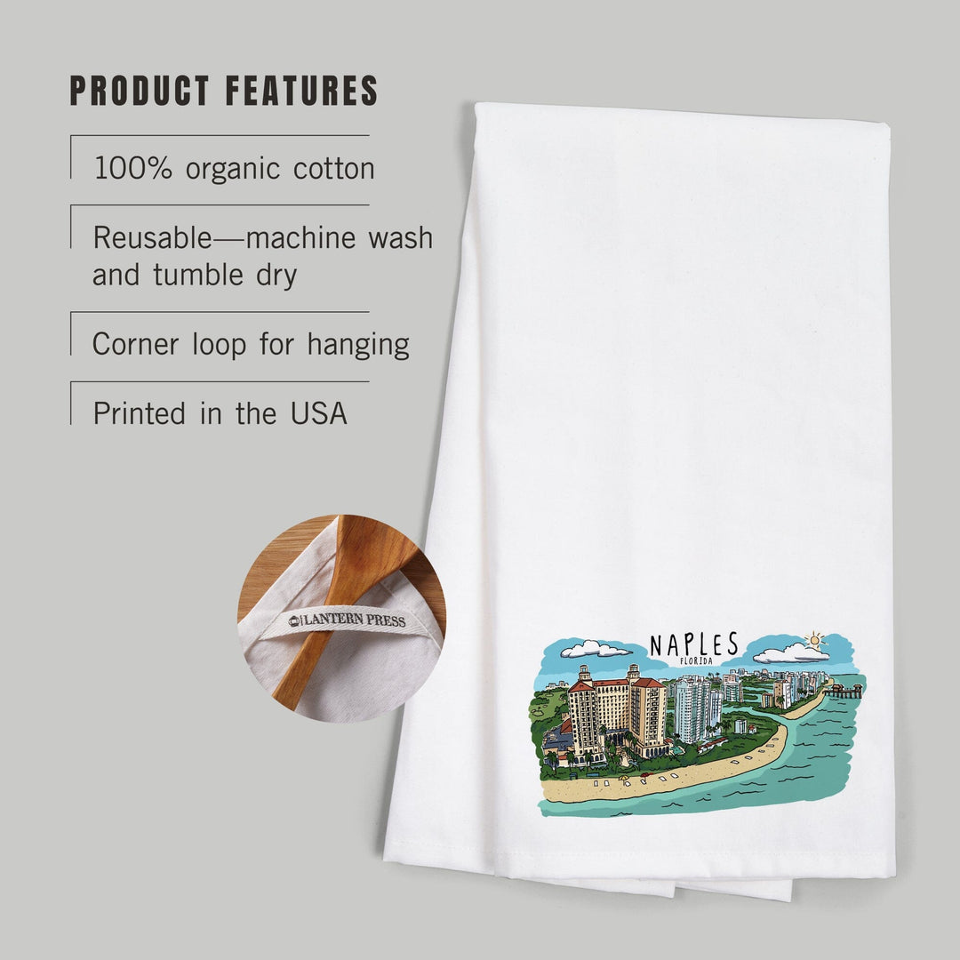 Naples, Florida, Line Drawing, Organic Cotton Kitchen Tea Towels Kitchen Lantern Press 