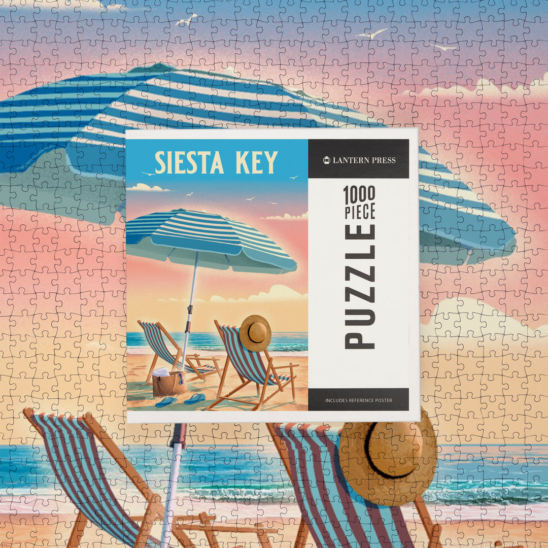 Naples, Florida, Lithograph, Beach Umbrella and Chair, Jigsaw Puzzle Puzzle Lantern Press 