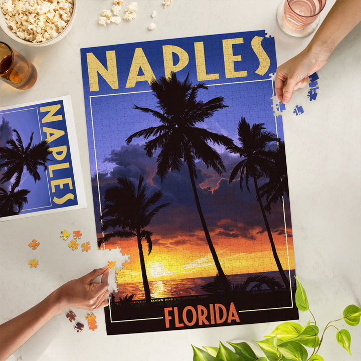 Naples, Florida, Palms and Sunset, Jigsaw Puzzle Puzzle Lantern Press 