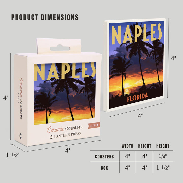 Naples, Florida, Palms & Sunset, Lantern Press Artwork, Coaster Set Coasters Lantern Press 