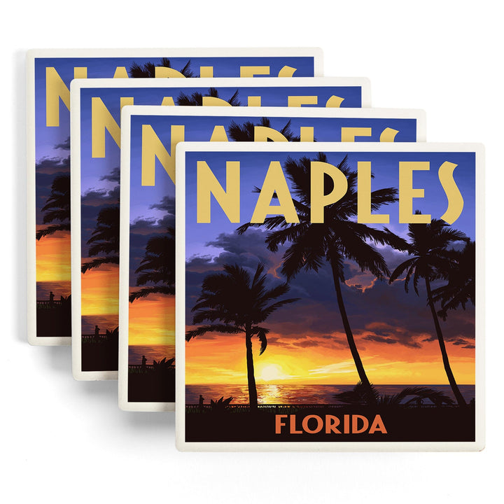 Naples, Florida, Palms & Sunset, Lantern Press Artwork, Coaster Set Coasters Lantern Press 