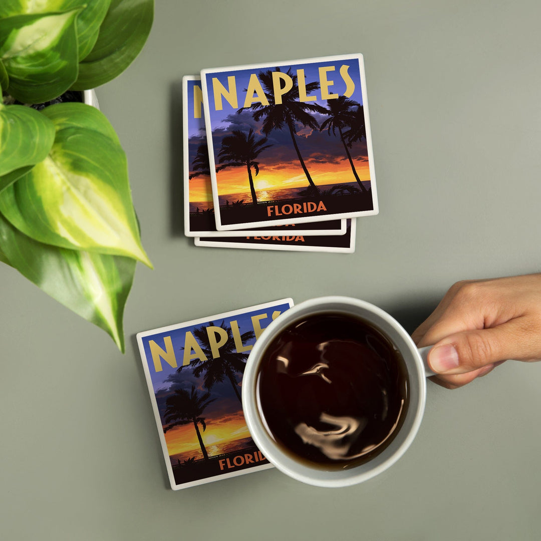 Naples, Florida, Palms & Sunset, Lantern Press Artwork, Coaster Set Coasters Lantern Press 