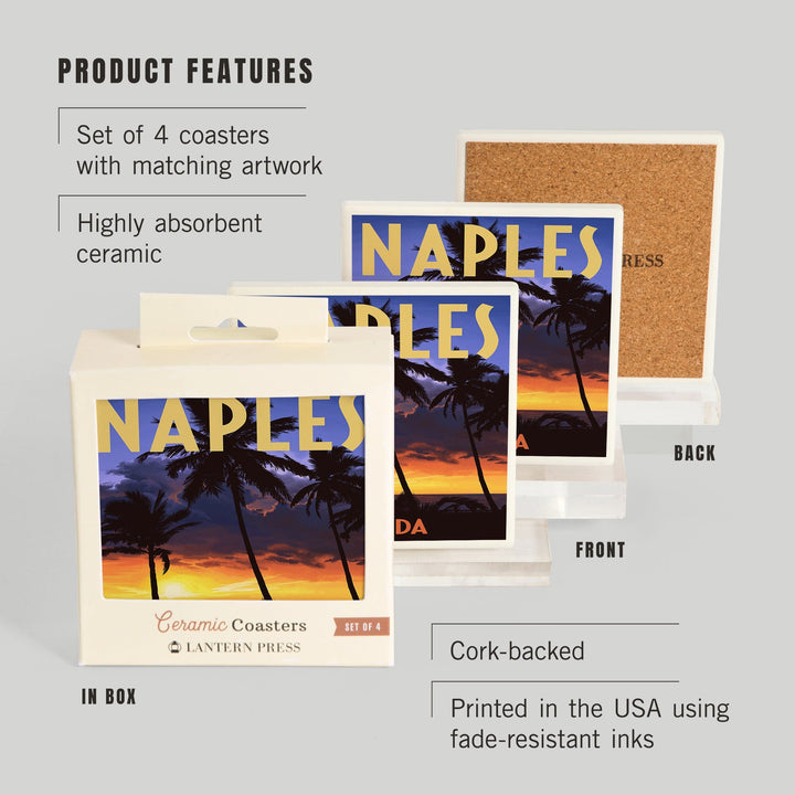 Naples, Florida, Palms & Sunset, Lantern Press Artwork, Coaster Set Coasters Lantern Press 