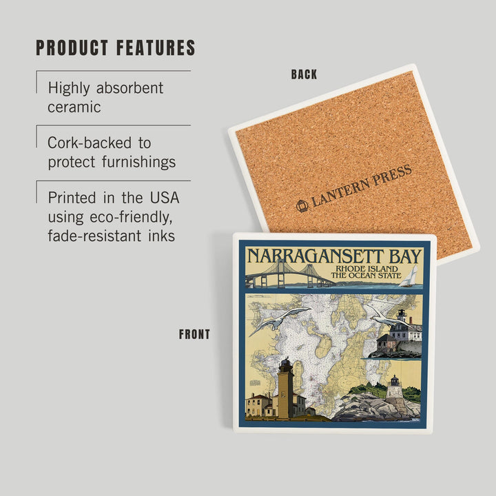 Narragansett Bay, Rhode Island, Nautical Chart, Coasters Coasters Lantern Press 
