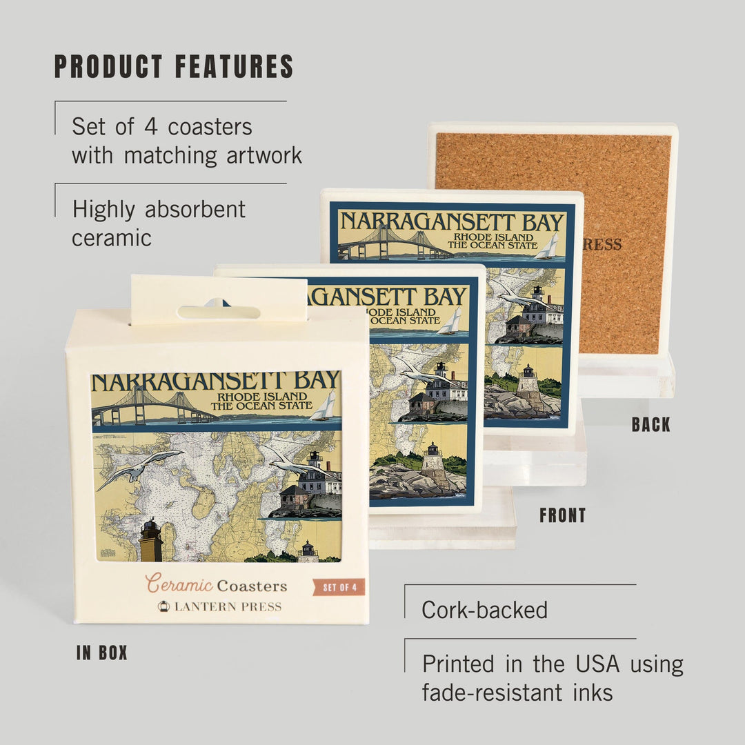 Narragansett Bay, Rhode Island, Nautical Chart, Coasters Coasters Lantern Press 