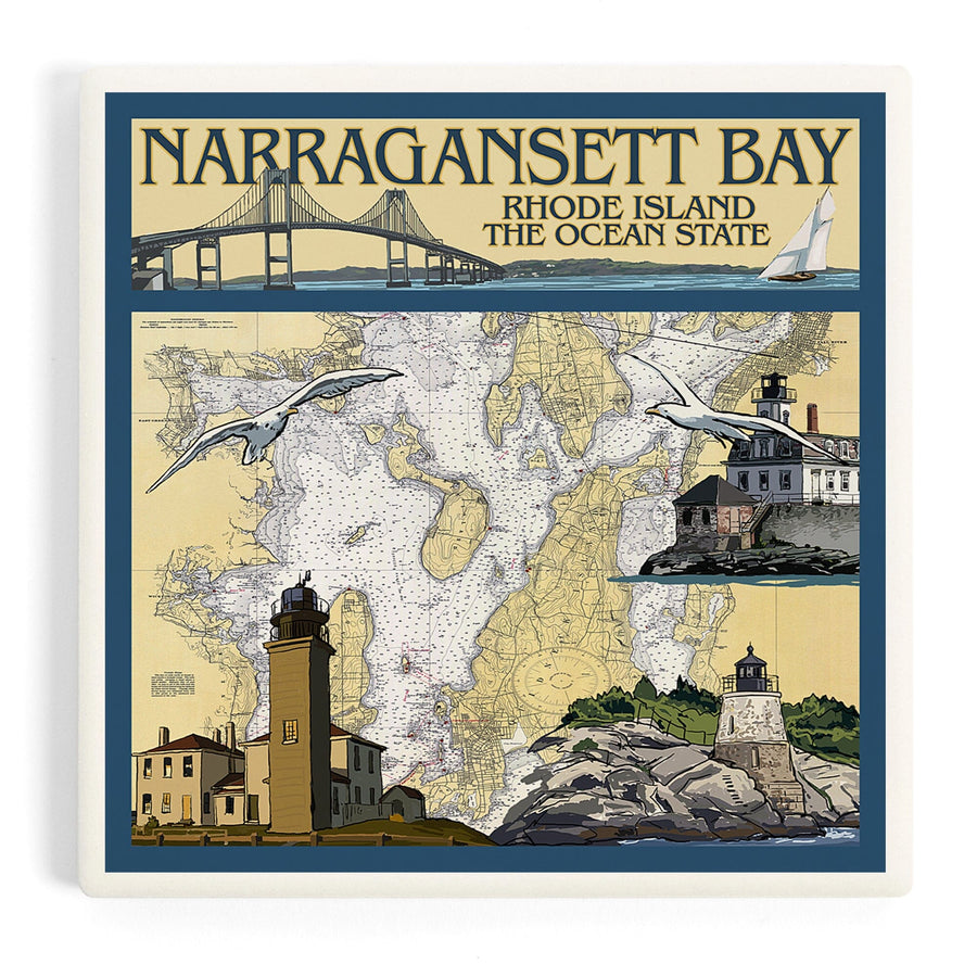 Narragansett Bay, Rhode Island, Nautical Chart, Coasters Coasters Lantern Press 