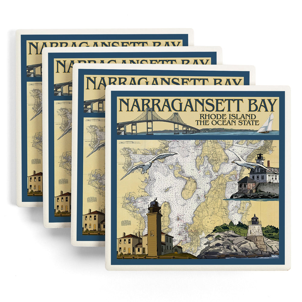Narragansett Bay, Rhode Island, Nautical Chart, Coasters Coasters Lantern Press 
