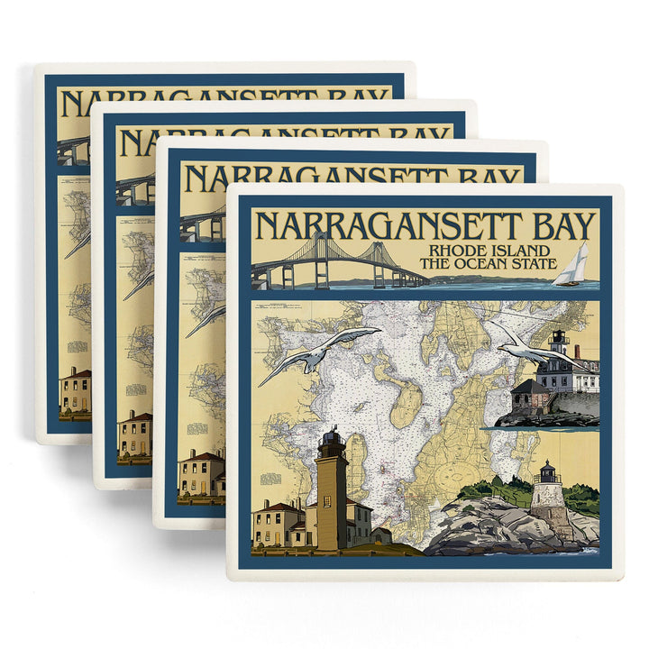 Narragansett Bay, Rhode Island, Nautical Chart, Coasters Coasters Lantern Press 