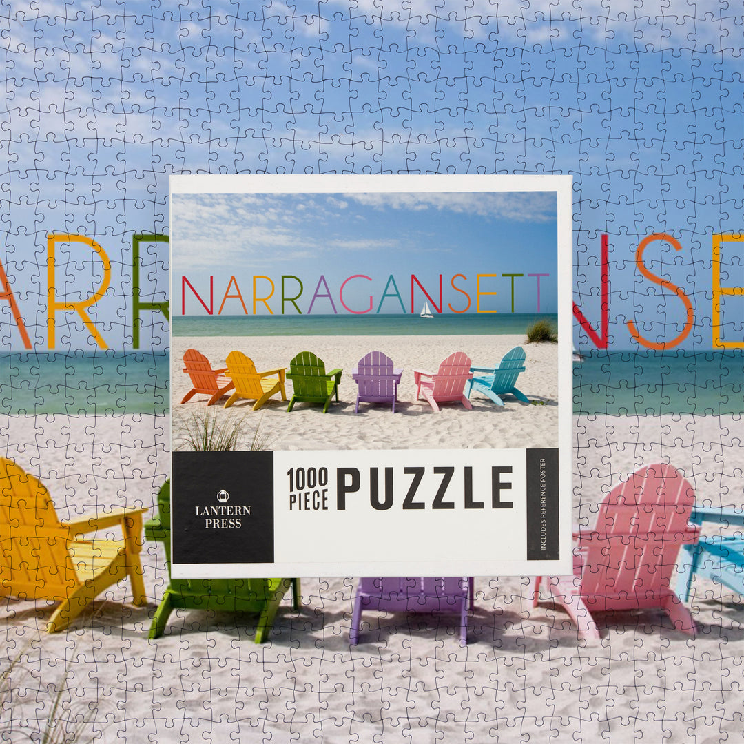 Narragansett, Rhode Island, Colorful Beach Chairs, Jigsaw Puzzle Puzzle Lantern Press 