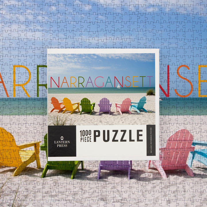 Narragansett, Rhode Island, Colorful Beach Chairs, Jigsaw Puzzle Puzzle Lantern Press 