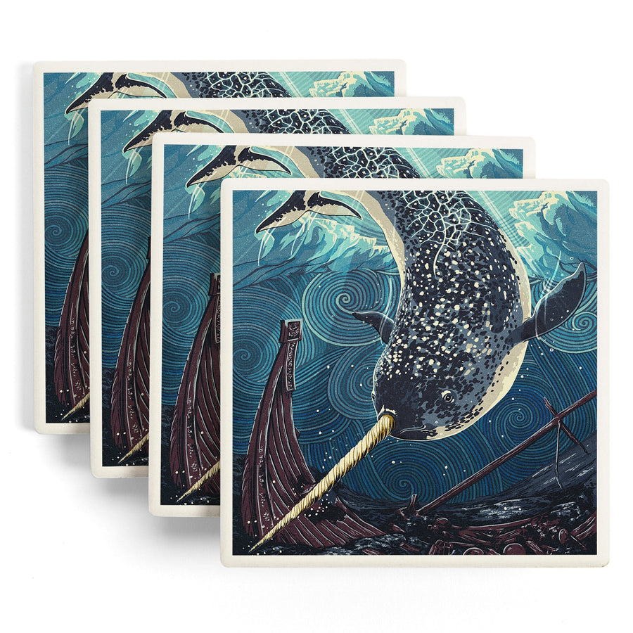 Narwhal, Letterpress, Lantern Press Artwork, Coaster Set Coasters Lantern Press 