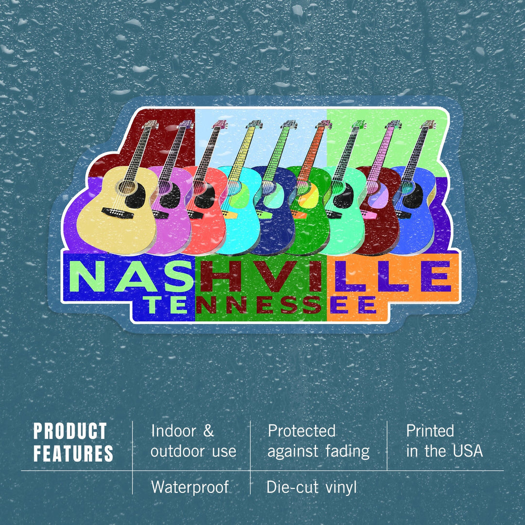 Nashville, Tennessee, Acoustic Guitar Pop Art, Contour, Lantern Press Artwork, Vinyl Sticker Sticker Lantern Press 