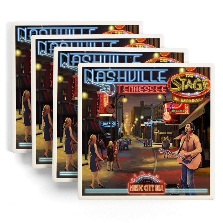 Nashville, Tennessee, Broadway at Night, Coasters Coasters Lantern Press 