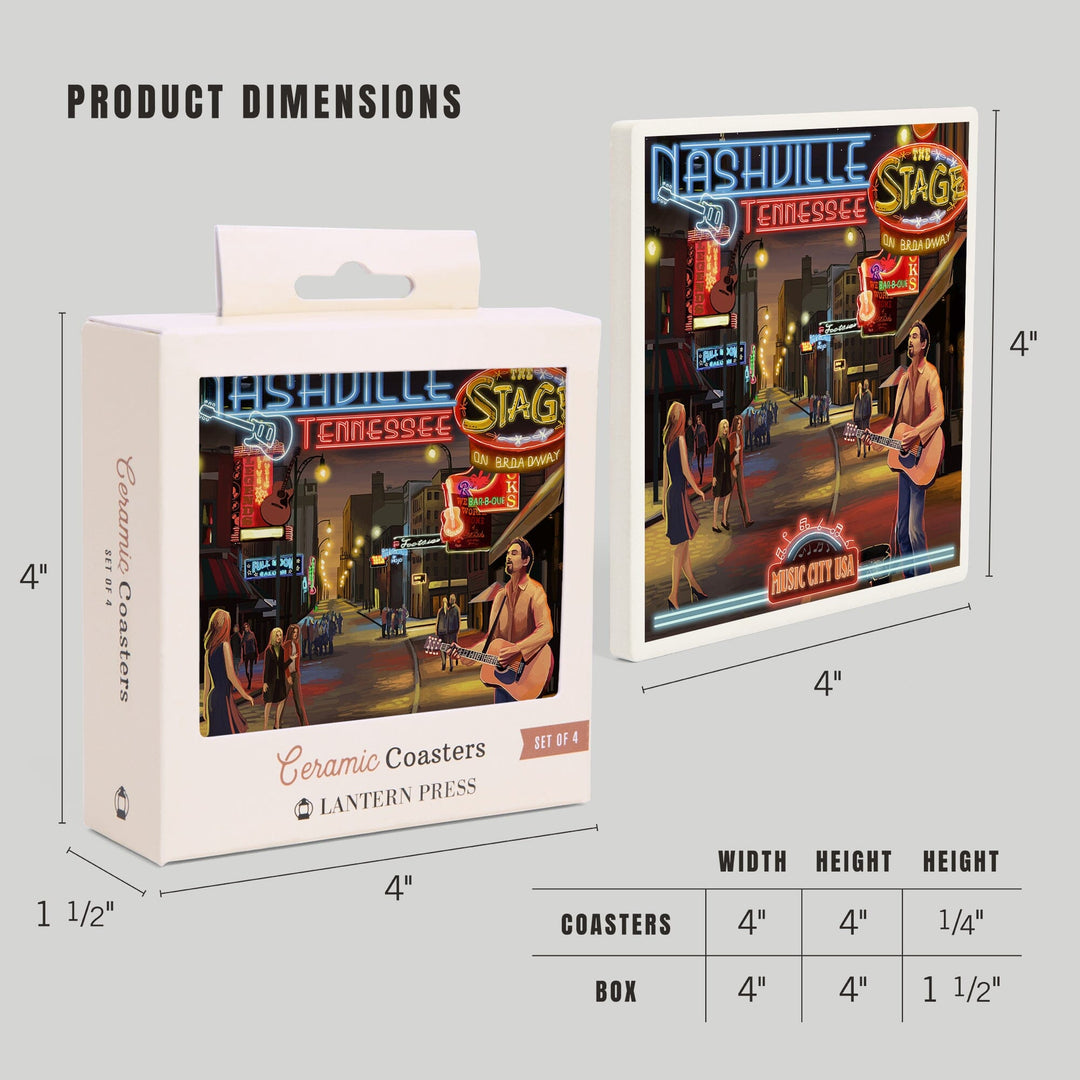 Nashville, Tennessee, Broadway at Night, Coasters Coasters Lantern Press 